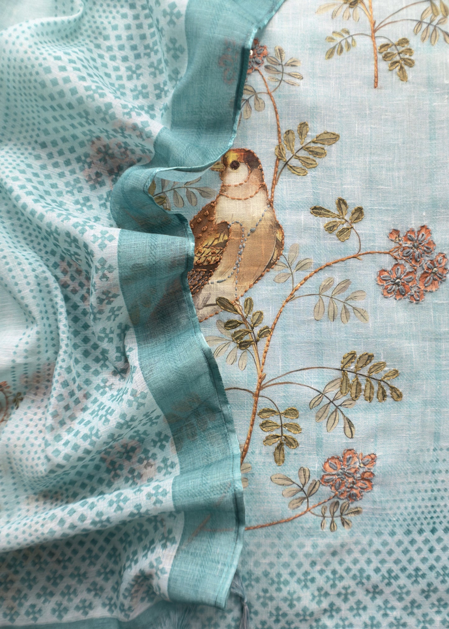 Baby Blue Hand Embroidered Chidiya Unstitched Suit In Chanderi Blend Fabric