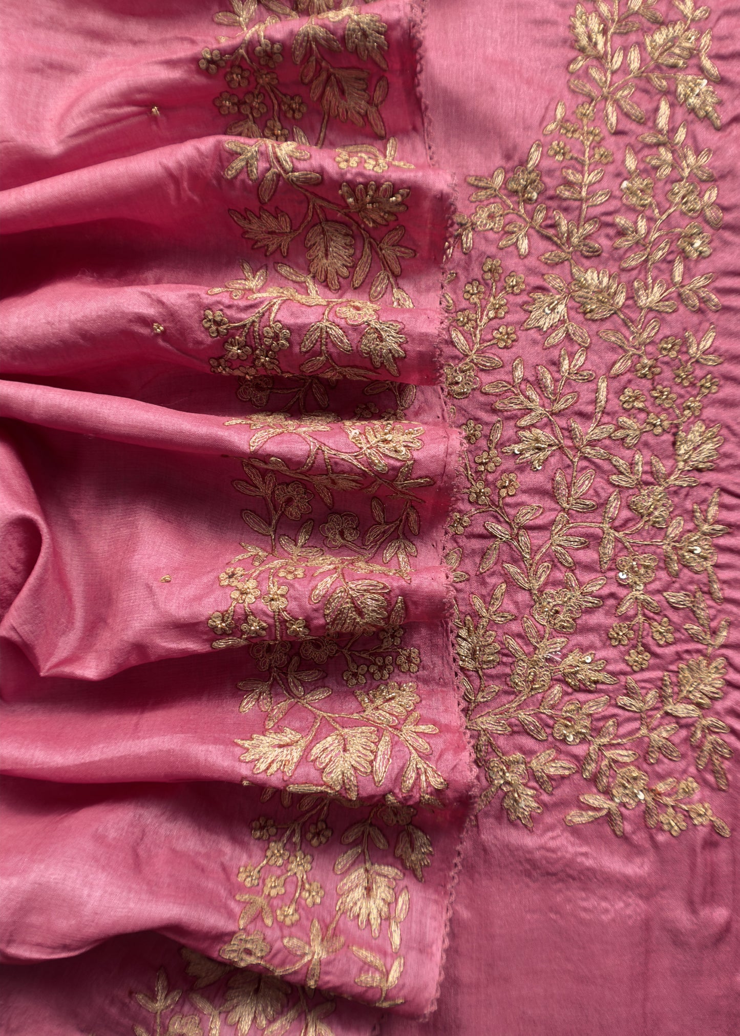 Pink Pure Tussar Unstitched Suit With Aari Embroidery