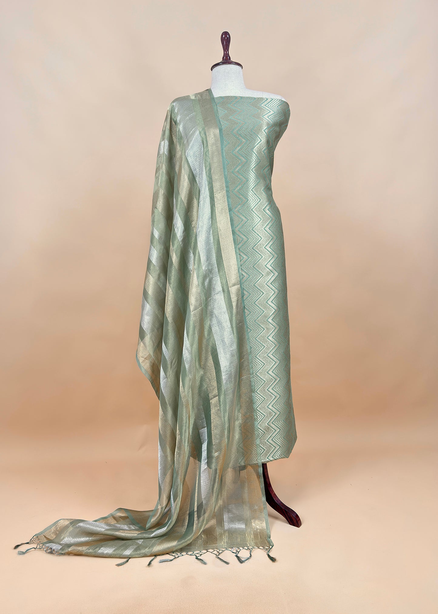 Sage Green Designer Pure Brocade Silk Kurta And Tissue Silk Dupatta