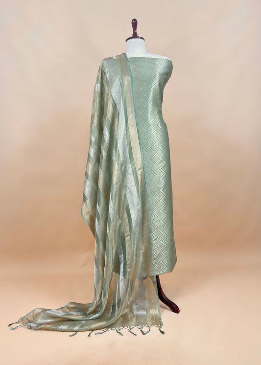 Sage Green Designer Pure Brocade Silk Kurta And Tissue Silk Dupatta