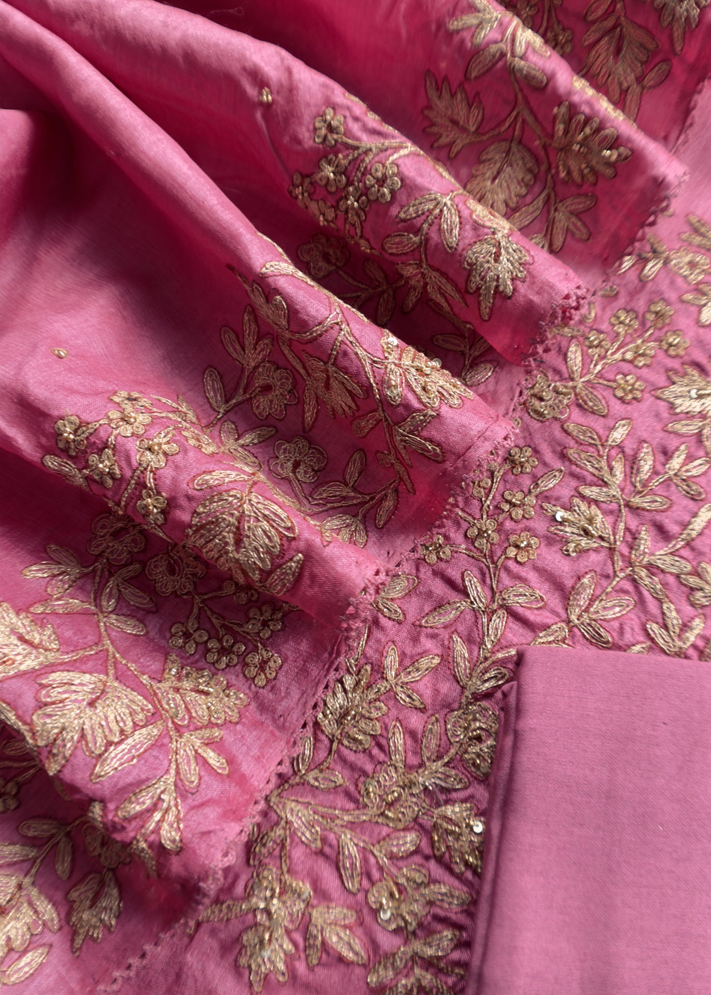 Pink Pure Tussar Unstitched Suit With Aari Embroidery