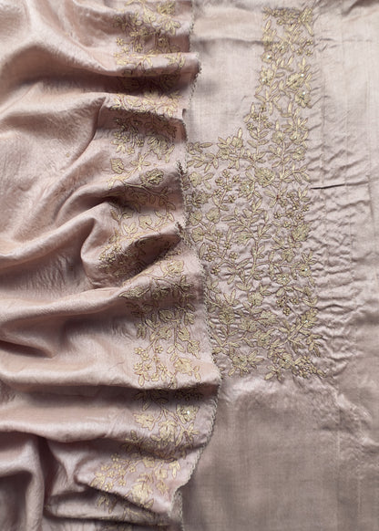 Beige Pure Tussar Unstitched Suit With Aari Embroidery