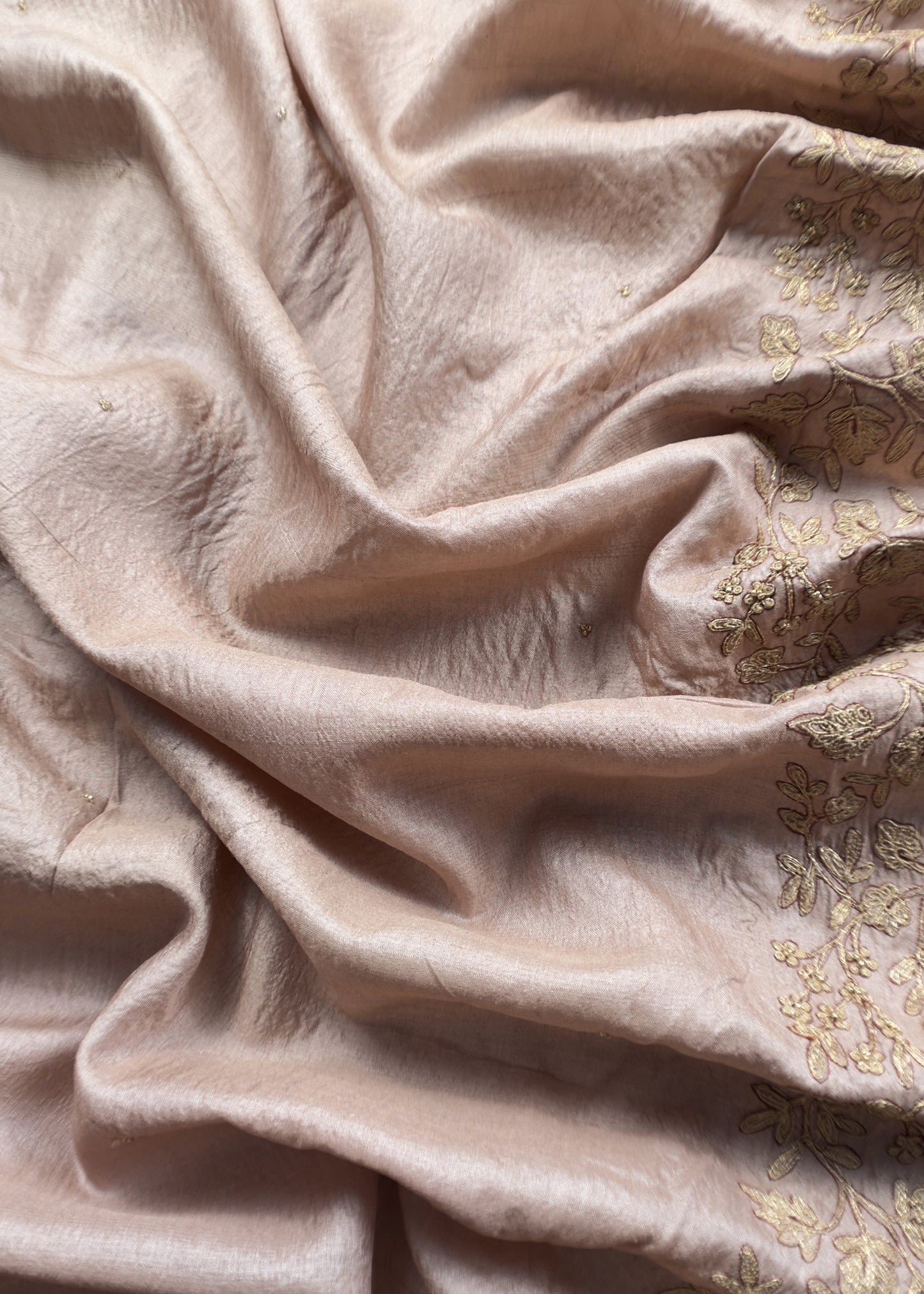 Beige Pure Tussar Unstitched Suit With Aari Embroidery