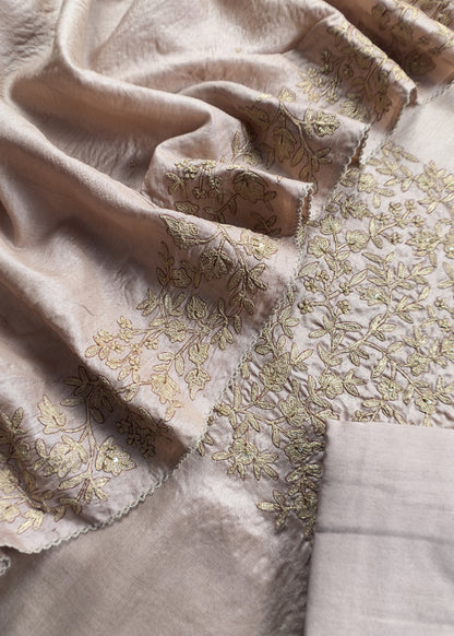 Beige Pure Tussar Unstitched Suit With Aari Embroidery