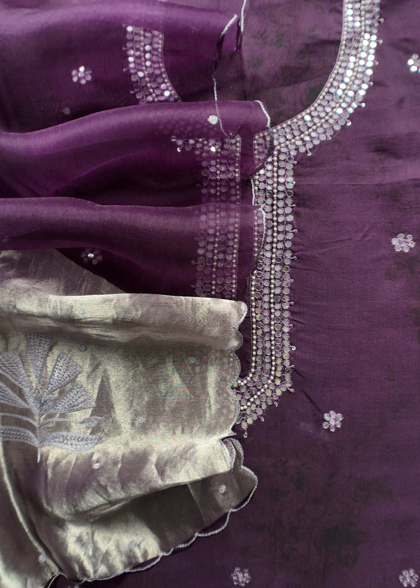 Violet Handloom kora Silk Suit with Mirror Handwork And Embroidery