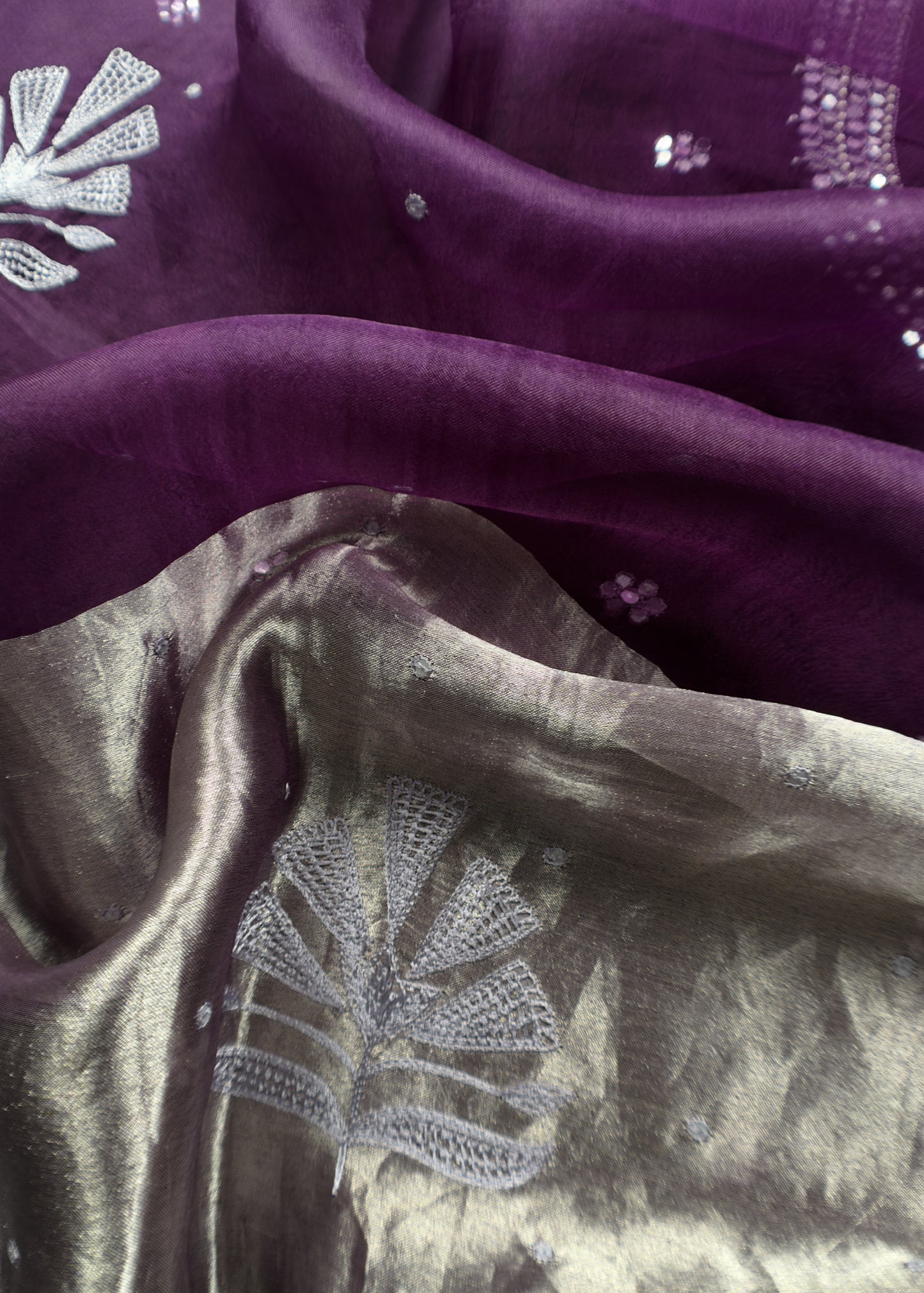 Violet Handloom kora Silk Suit with Mirror Handwork And Embroidery