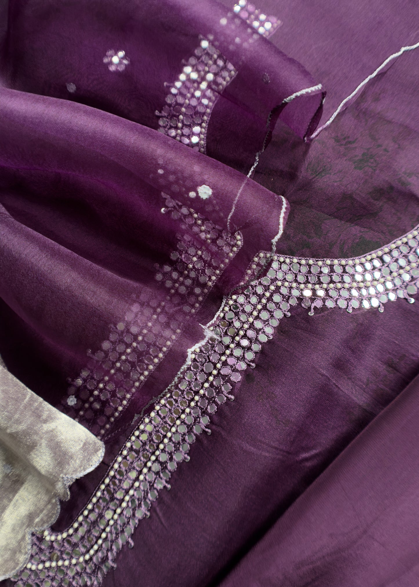 Violet Handloom kora Silk Suit with Mirror Handwork And Embroidery