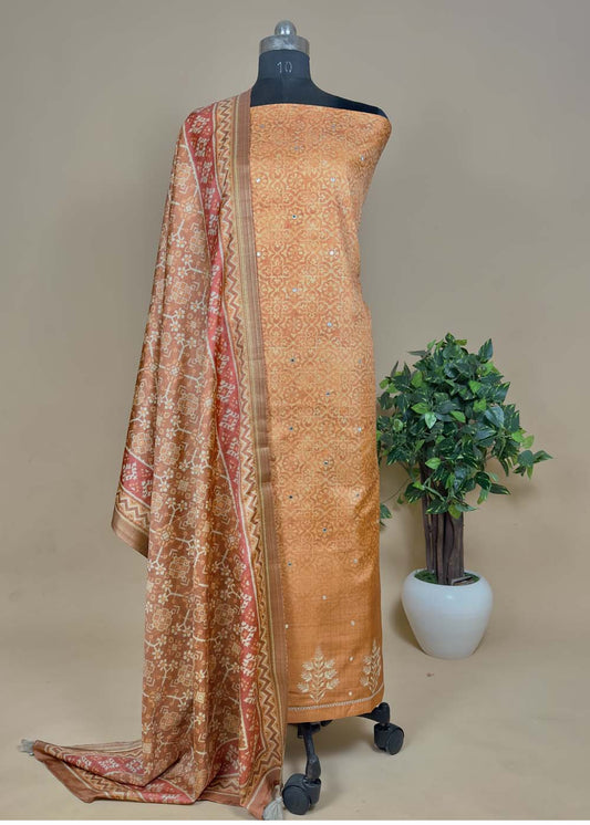 Yellow Tussar Suit With Patola Dupatta