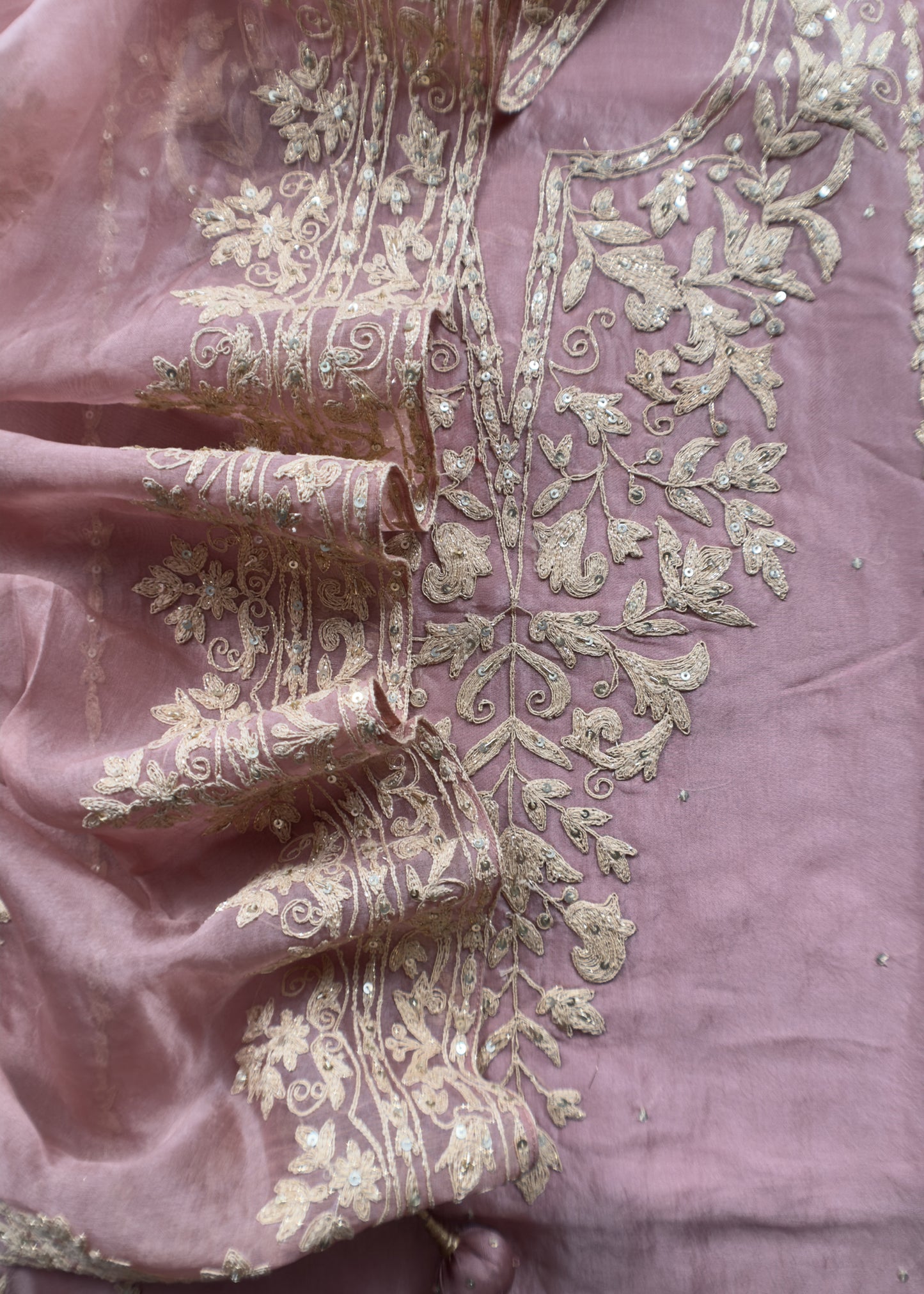 Dusty Rose Modern Aesthetic Organza Silk Suit With Rose Gold Pitta Work
