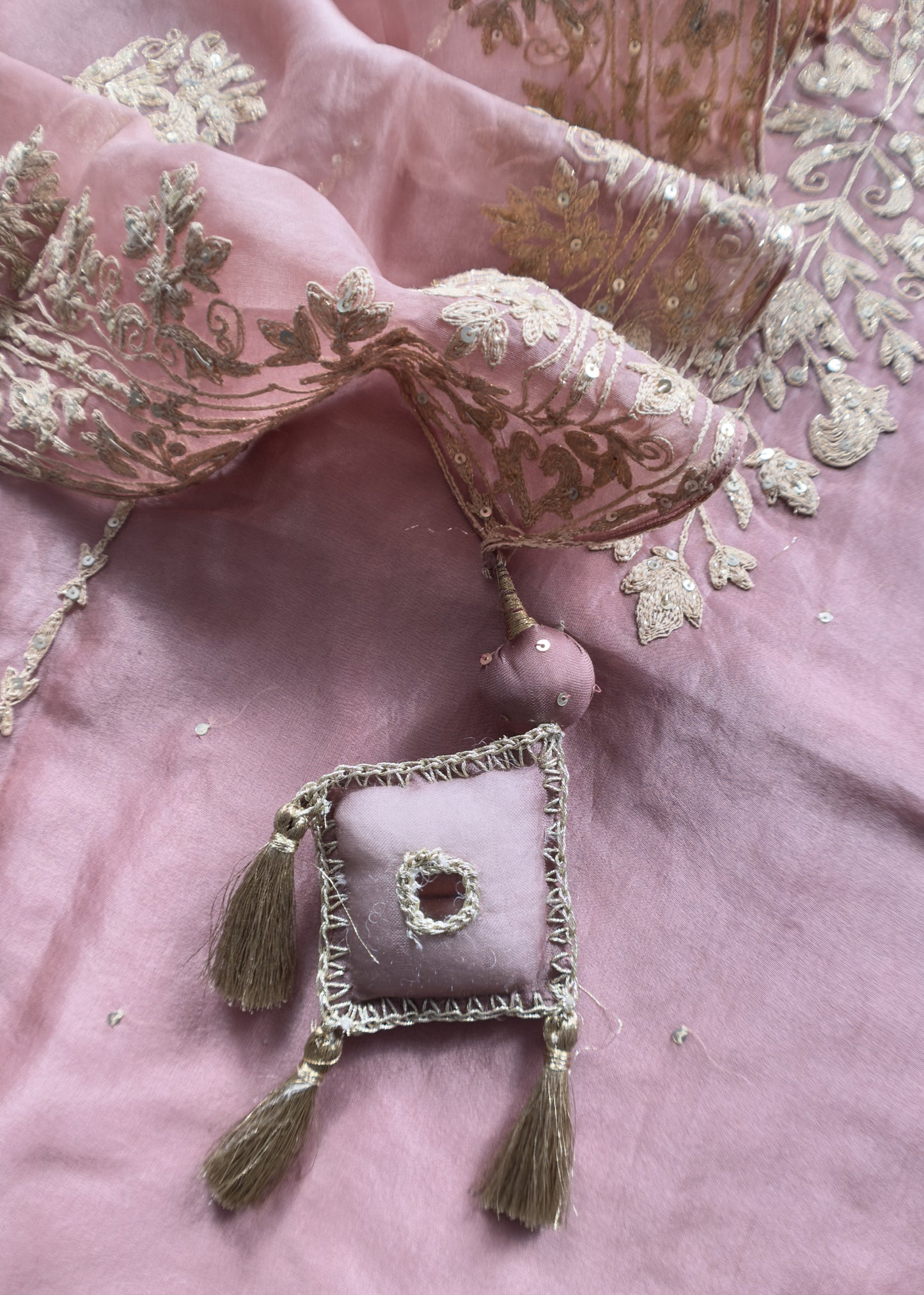 Dusty Rose Modern Aesthetic Organza Silk Suit With Rose Gold Pitta Work