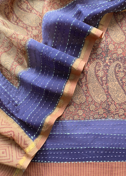 Brownish Orange Pure Maheshwari Unstitched Suit With Kantha Work