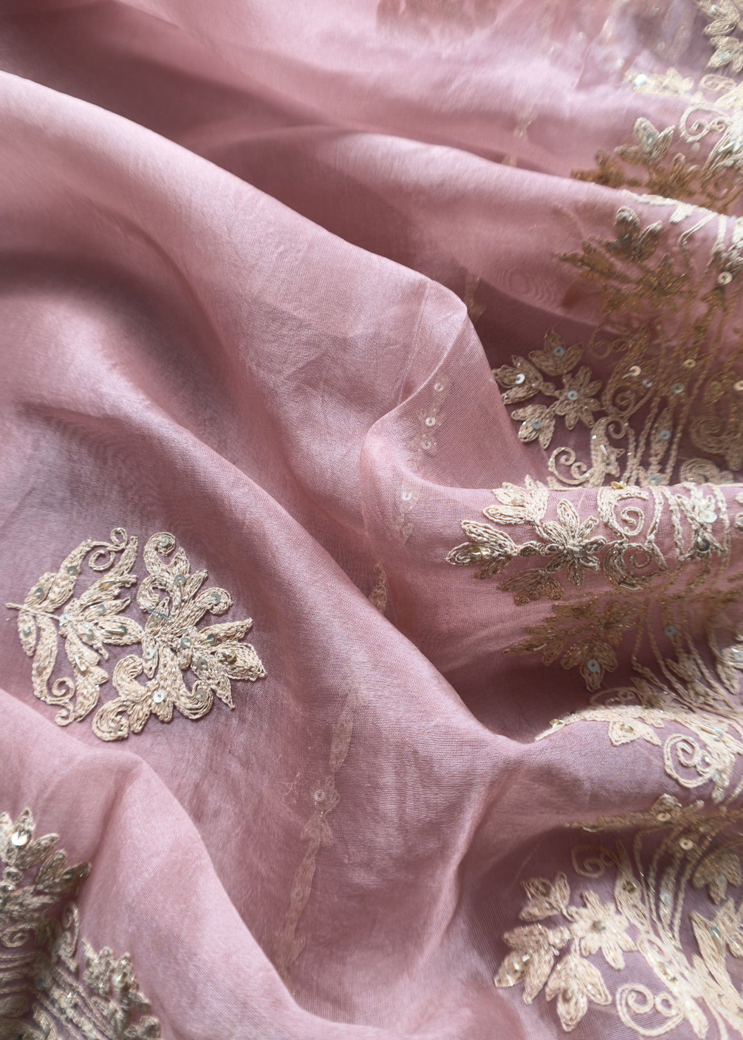 Dusty Rose Modern Aesthetic Organza Silk Suit With Rose Gold Pitta Work