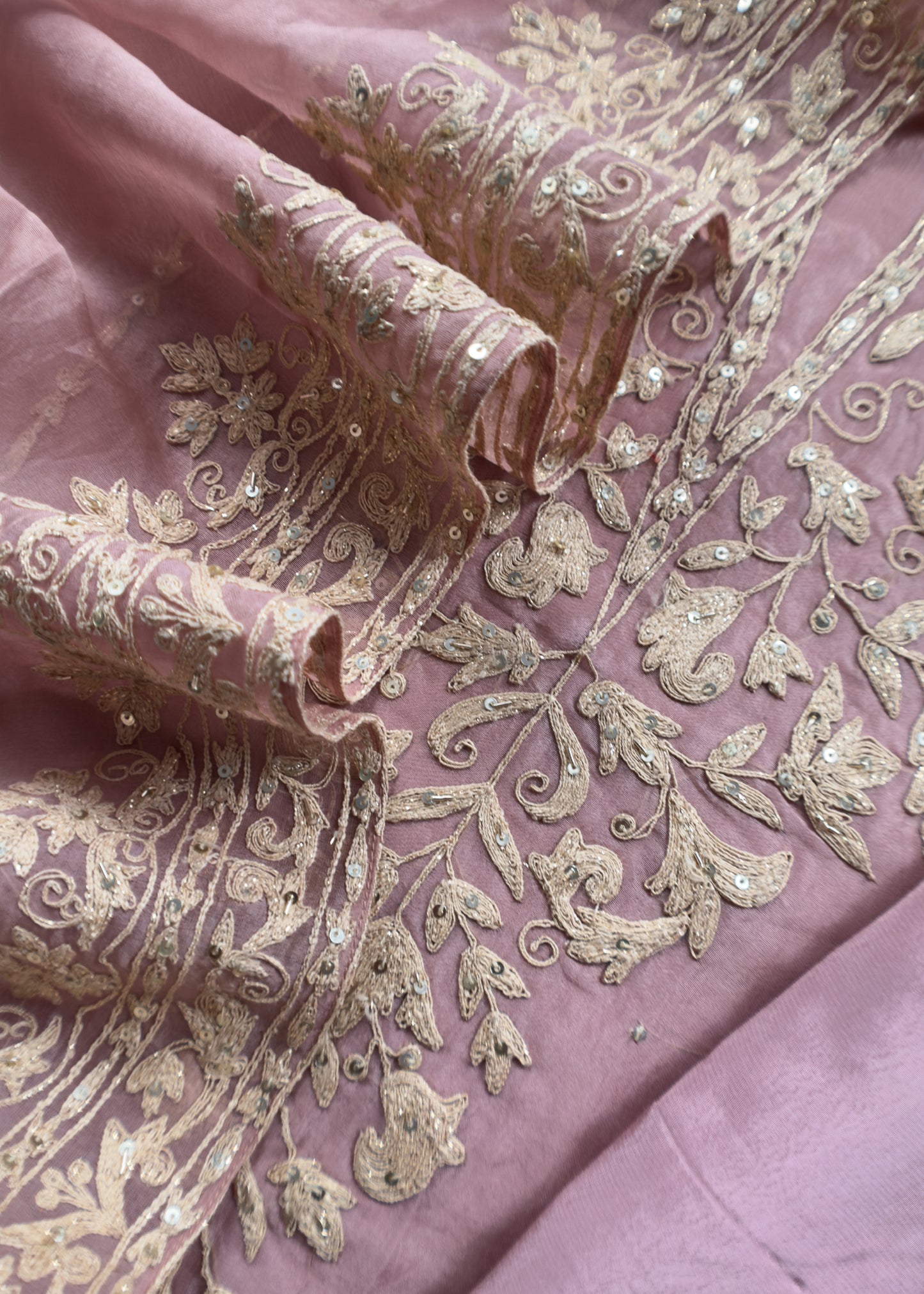 Dusty Rose Modern Aesthetic Organza Silk Suit With Rose Gold Pitta Work