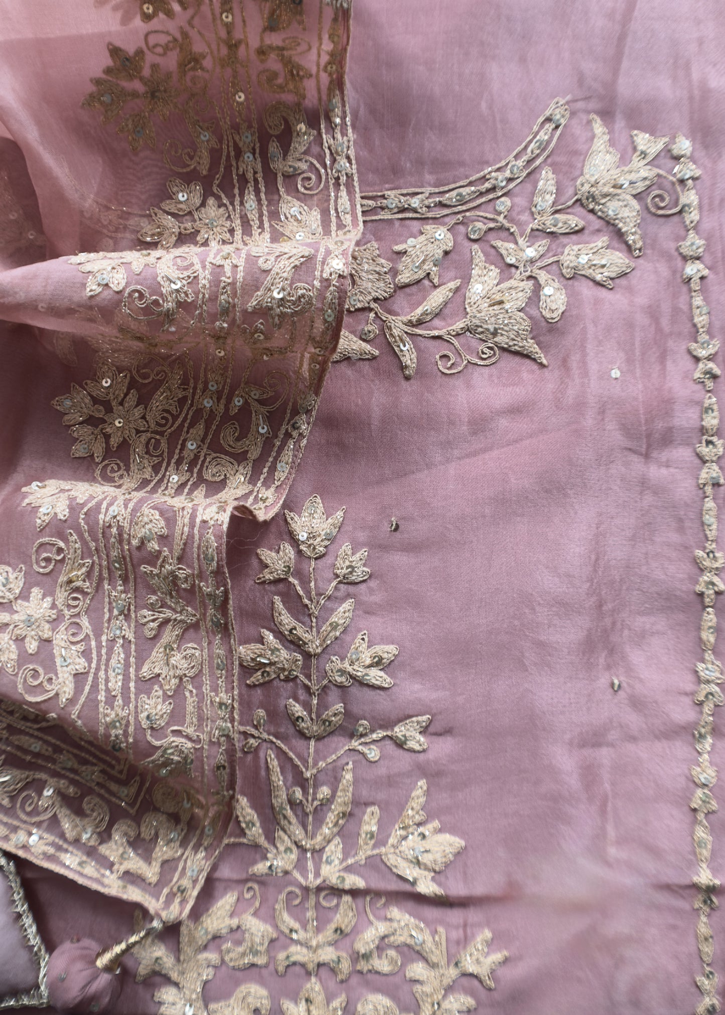 Dusty Rose Modern Aesthetic Organza Silk Suit With Rose Gold Pitta Work