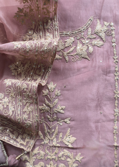 Dusty Rose Modern Aesthetic Organza Silk Suit With Rose Gold Pitta Work