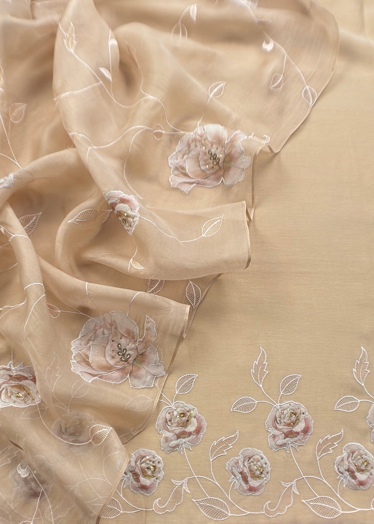 Beige Mulmul Suit With Beautiful Floral Appliqué Work