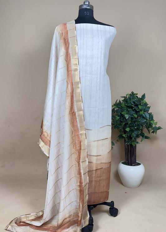 White And Brown Chanderi Tissue Suit Zari Work