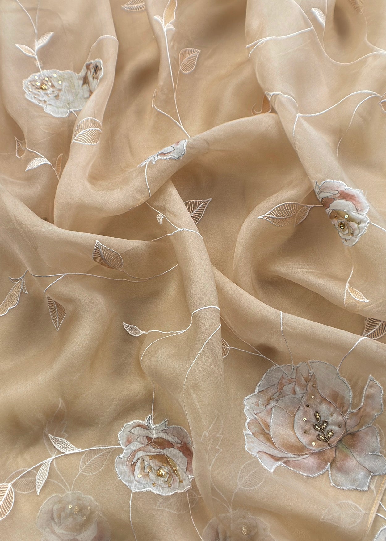 Beige Mulmul Suit With Beautiful Floral Appliqué Work