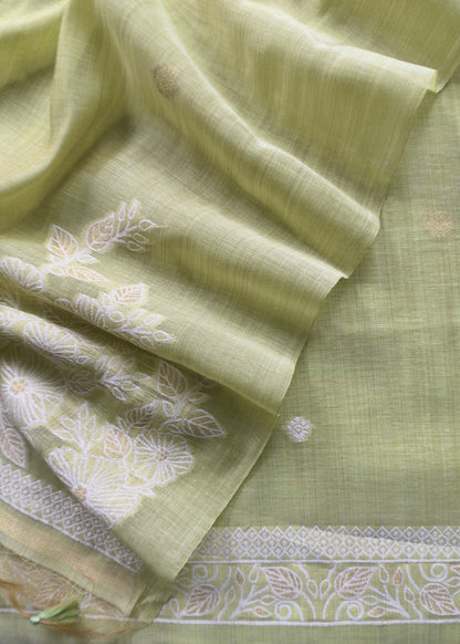 Light Green Jamdani Weaved Suit Fabric In Linen Chanderi