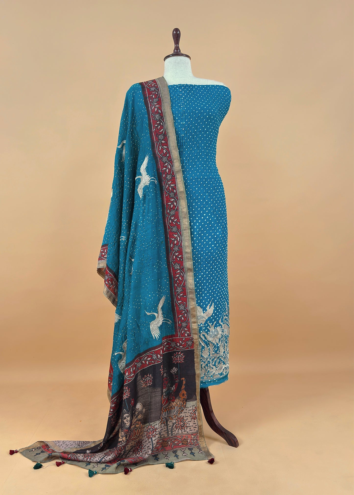 Azure Blue Flamingo Handloom Desi Tussar Bandhani Kurta And Authentic Hand-Painted Kalamkari Dupatta