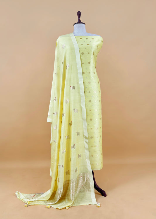 Butter Yellow Handloom Kadwa Weaves Silk Suit With Pichwai Dupatta