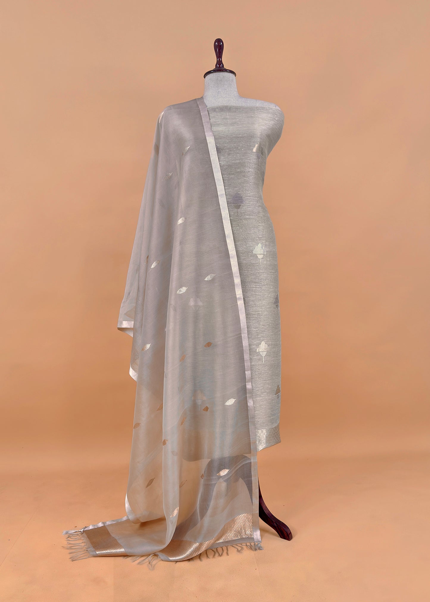 Beige Handloom Kadwa-Woven Linen Silk Suit with Kora Silk Dupatta