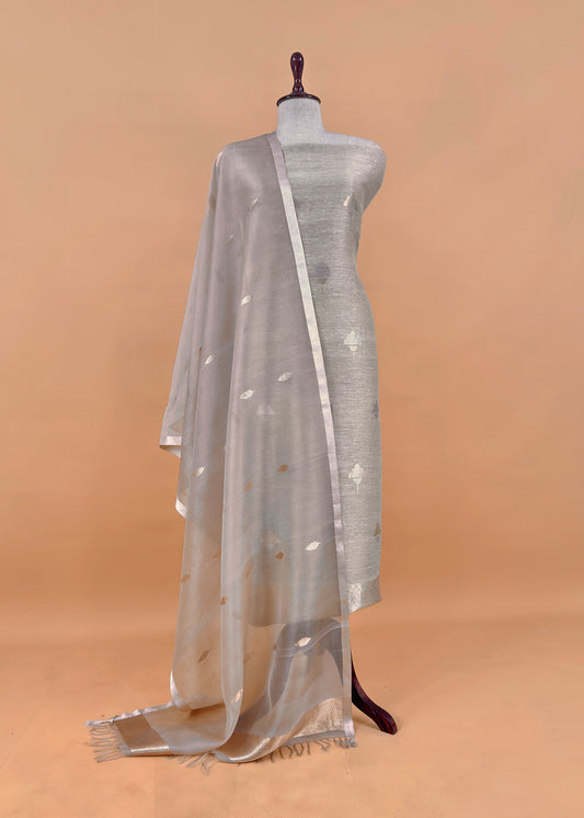 Beige Handloom Kadwa-Woven Linen Silk Suit with Kora Silk Dupatta