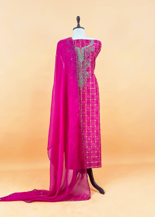 Mahalakshmi Pink Handloom Ikkat gold checks kurta and Organza dupatta with Jadau zardosi Antique zari Handwork