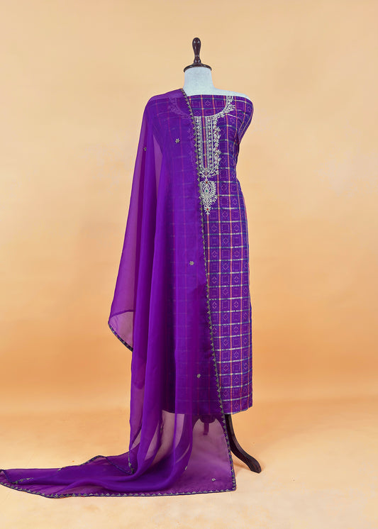 Mahalakshmi Violet Handloom Ikkat gold checks kurta and Organza dupatta with Jadau zardosi zari Handwork