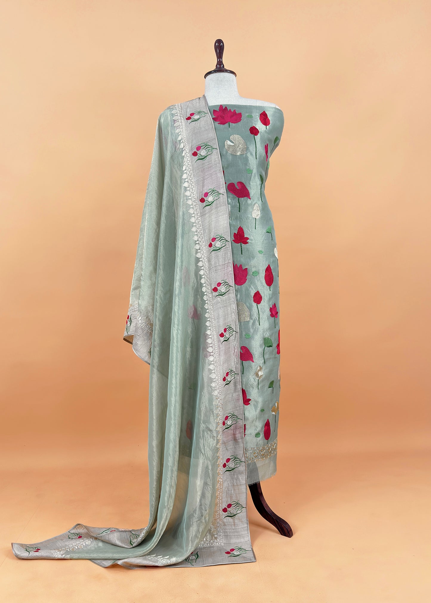 Sea Green Embroidery Tissue Silk Suit With Dupatta