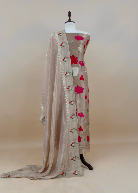 Coffee Brown Embroidery Tissue Silk Suit With Dupatta