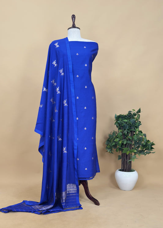 Azure Blue Chidiya Handloom Katan Silk Suit Fabric