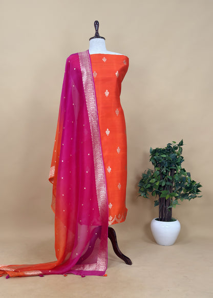 Orange Handloom Silk Suit Fabric With Kadhua Weaves