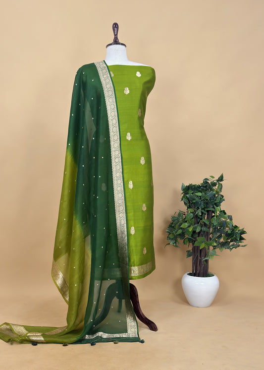 Green Handloom Silk Suit Fabric With Kadhua Weaves