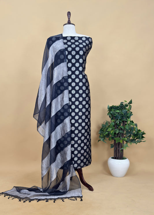 Coal Black Banarasi Silk Suit Fabric With Double Panel Tissue Silk Dupatta