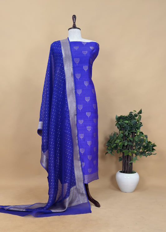 Cobalt Blue Handloom Raw Silk Kurta And Pure Organza Silk Dupatta With Banarasi Gold Weaving