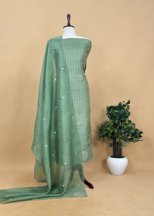 Soft Jade Handloom Tissue Silk Suit with Pitta Handwork