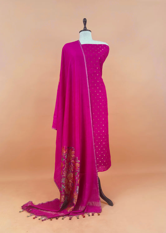 Pink Handloom Munga Tussar Suit Fabric With Kadwa Weaving With Brush Hand-Painting