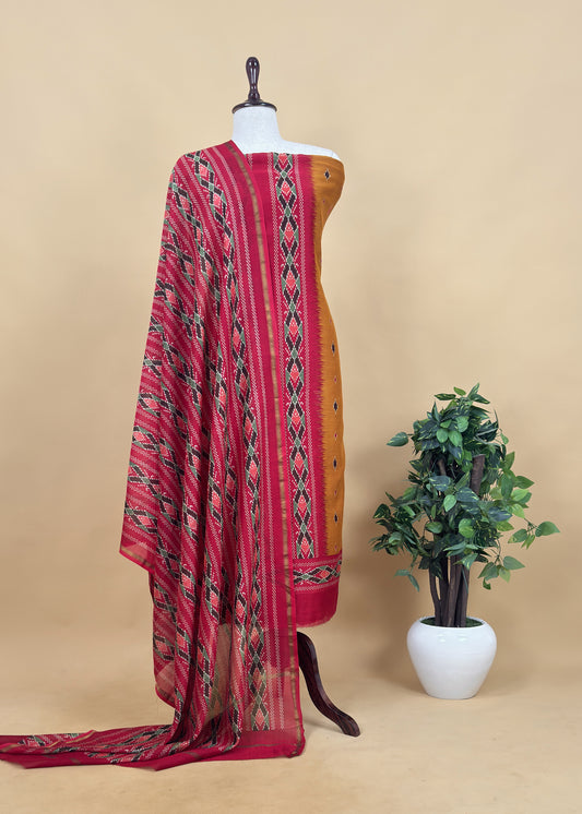 Red Patola Maheshwari Silk Unstitched Suit With Dupatta