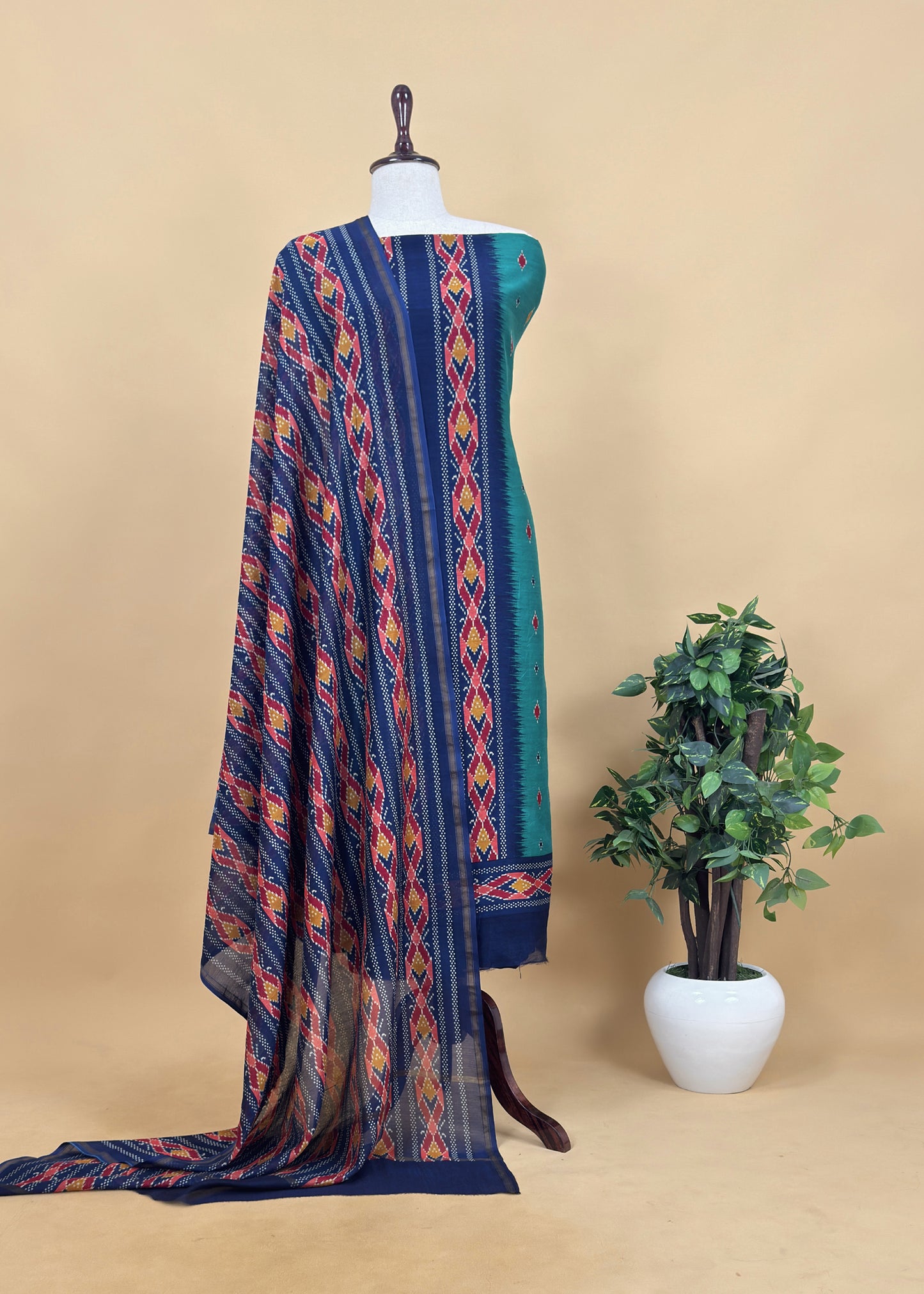 Red Patola Maheshwari Silk Unstitched Suit With Dupatta