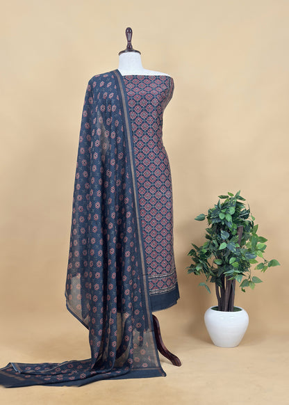 Green Ajrakh Mahehswari Silk Unstitched Suit With Dupatta