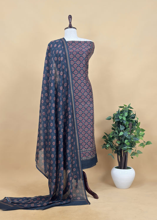 Grey Ajrakh Mahehswari Silk Unstitched Suit With Dupatta