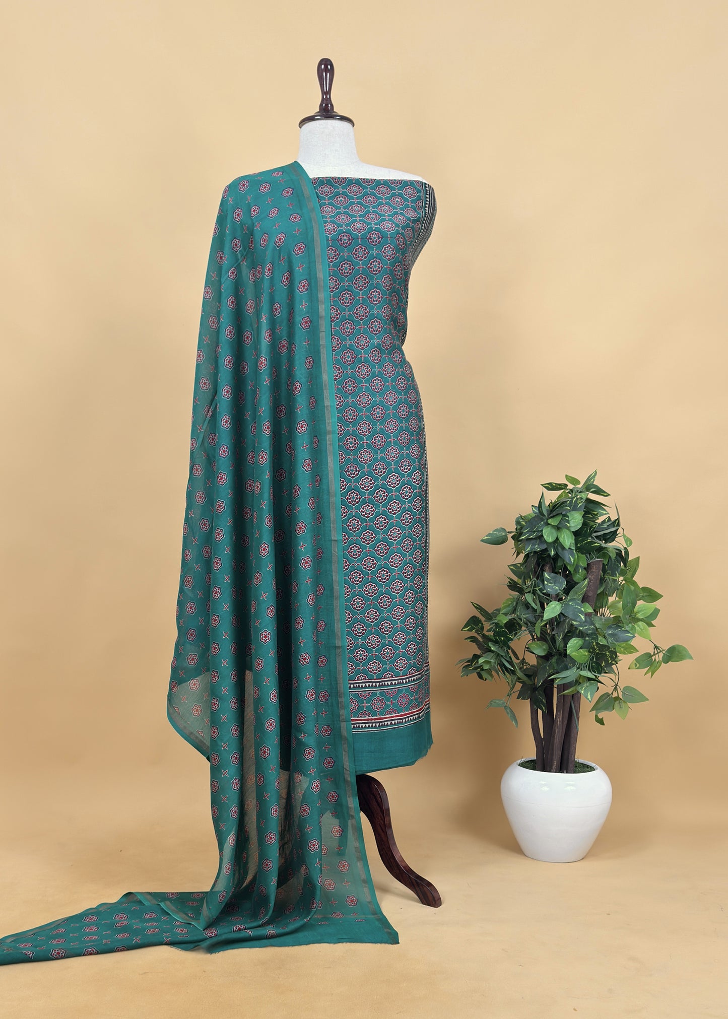 Yellow Ajrakh Mahehswari Silk Unstitched Suit With Dupatta