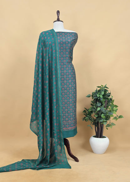 Green Ajrakh Mahehswari Silk Unstitched Suit With Dupatta
