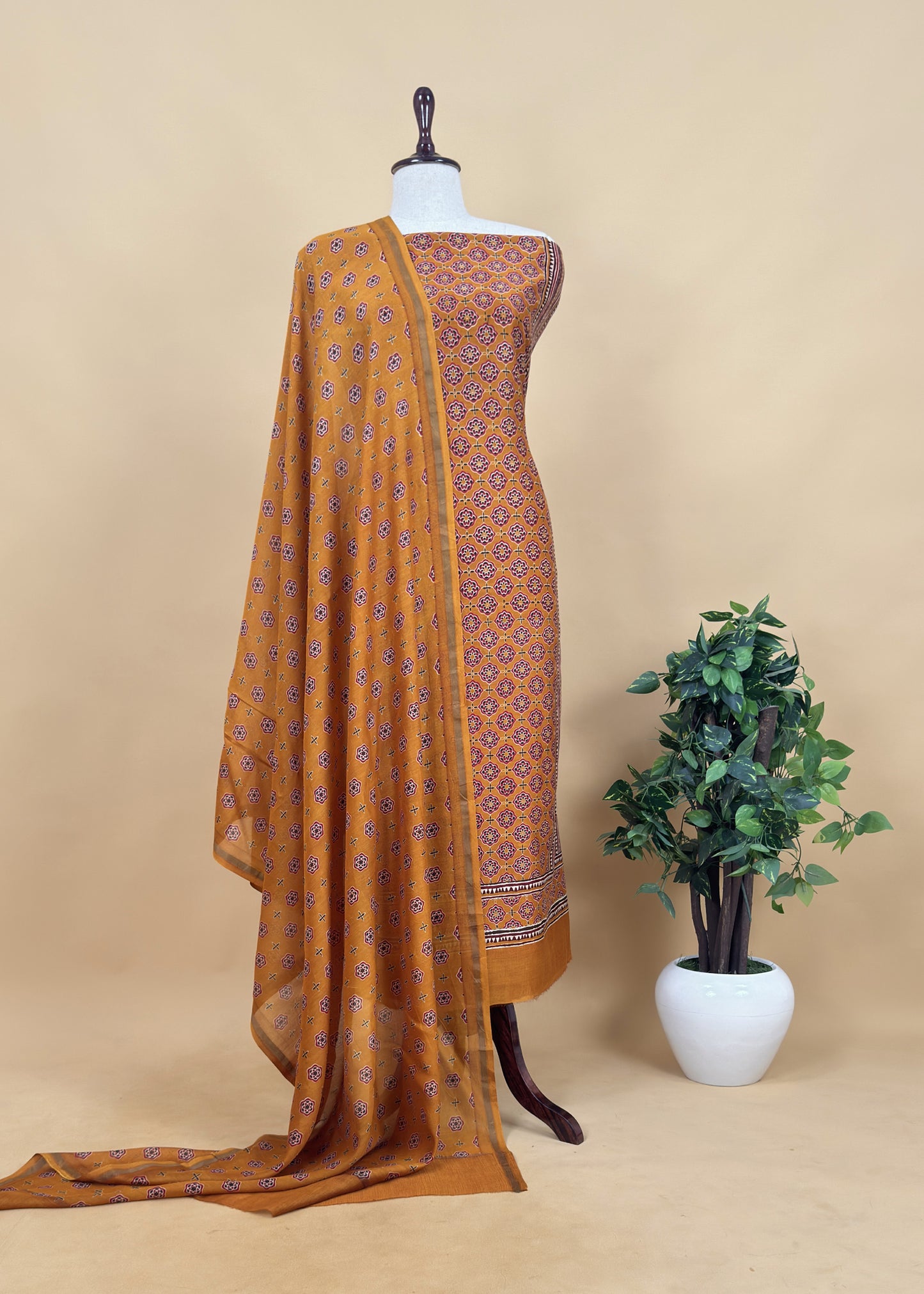 Yellow Ajrakh Mahehswari Silk Unstitched Suit With Dupatta
