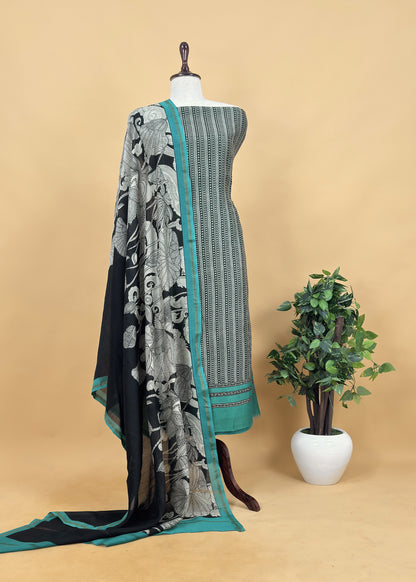 Green Block print Handloom Maheshwari Silk Suit fabric