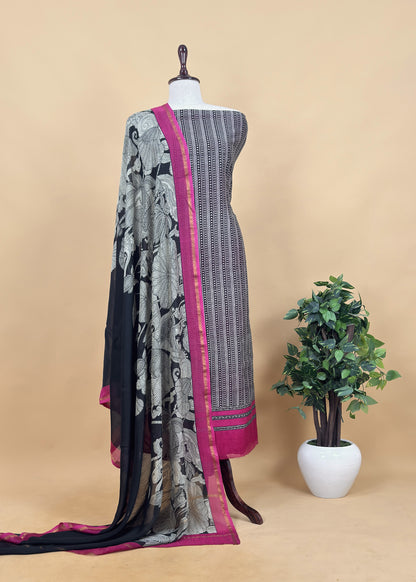 Green Block print Handloom Maheshwari Silk Suit fabric