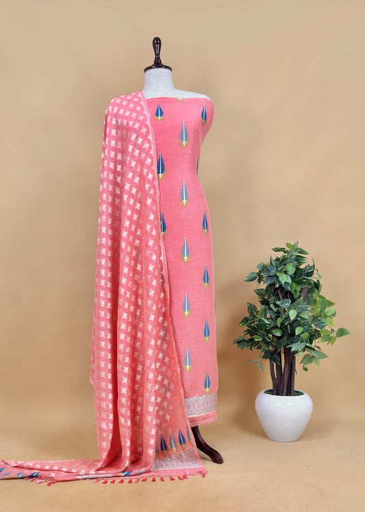 Peach Pure Unstitched Linen Silk Suit In Kadwa Weaves and Minakari Work