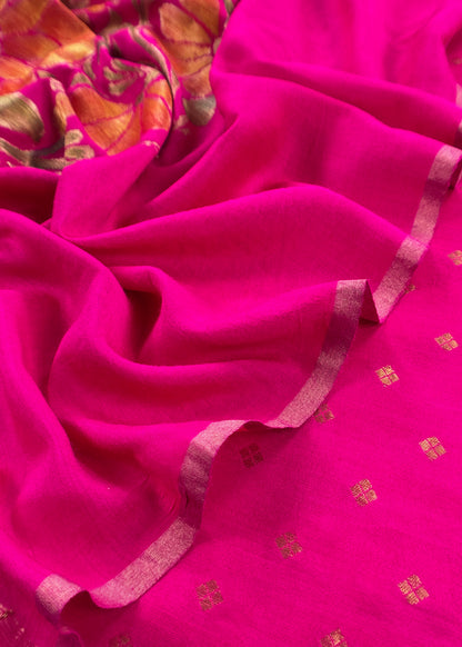 Pink Handloom Munga Tussar Suit Fabric With Kadwa Weaving With Brush Hand-Painting