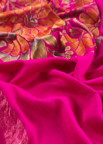 Pink Handloom Munga Tussar Suit Fabric With Kadwa Weaving With Brush Hand-Painting